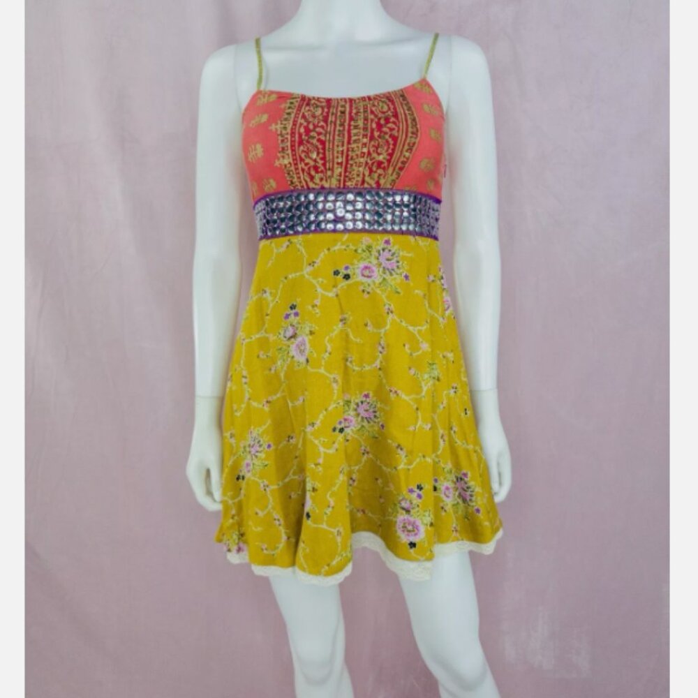 Free People Yellow Floral Mini Dress Skirt with Coral Bodice & Purple Waist